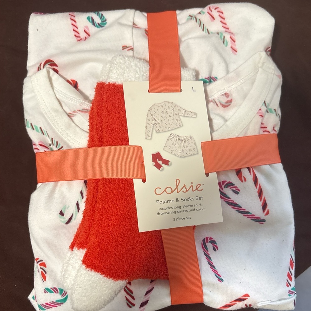 Colsie Festive Pajama and Sock Set - Red and White